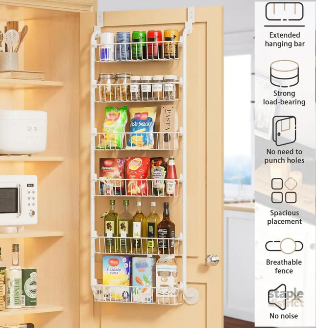 CARLA HOME 6-Tier Over the Door Organizer Heavy-Duty Metal Pantry Rack with Hanging Baskets for Home Kitchen Storage & Bathroom Door Organization (White)-2050057511620448257
