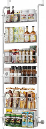 CARLA HOME 6-Tier Over the Door Organizer Heavy-Duty Metal Pantry Rack with Hanging Baskets for Home Kitchen Storage & Bathroom Door Organization (White)-2050057511620448264