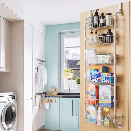 CARLA HOME 6-Tier Over the Door Organizer Heavy-Duty Metal Pantry Rack with Hanging Baskets for Home Kitchen Storage & Bathroom Door Organization (White)-2050057511620448262