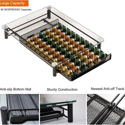 CARLA HOME 60 Coffee Pod Holder Drawer with Tempered Glass Capsule Organizer for Nespresso Pods and Sliding Drawer for