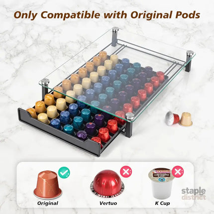 CARLA HOME 60 Coffee Pod Holder Drawer with Tempered Glass Capsule Organizer for Nespresso Pods and Sliding Drawer for
