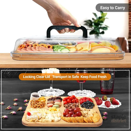 CARLA HOME Bamboo Charcuterie Board with Lid & Handle ideal Gift for Kitchen, Party & Picnic (6 Compartments)-2042061551204175873