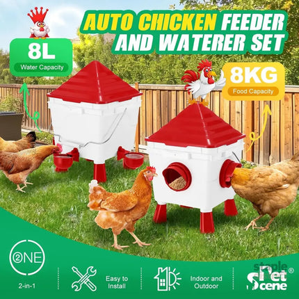 CARLA HOME Chicken Feeder Waterer Set, Automatic Gravity Dispenser with 8KG Food & 8L Water Capacity, 4 Ports & Cups, Clean Poultry Feeding for Coop, Duck, Quail, Hen-2050057514128642049