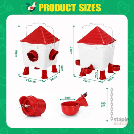 CARLA HOME Chicken Feeder Waterer Set, Automatic Gravity Dispenser with 8KG Food & 8L Water Capacity, 4 Ports & Cups, Clean Poultry Feeding for Coop, Duck, Quail, Hen-2050057514128642056