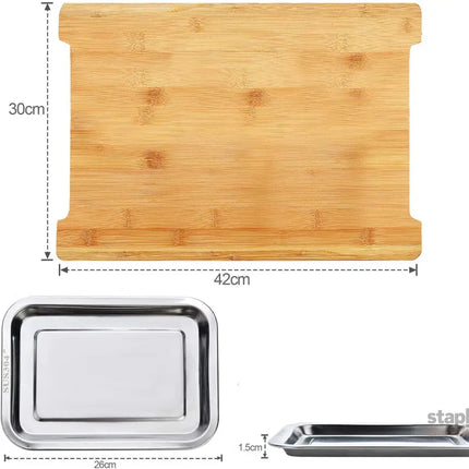 CARLA HOME Chopping Board with with 2 Organiser Stainless Steel Trays Containers-2042061546921791495