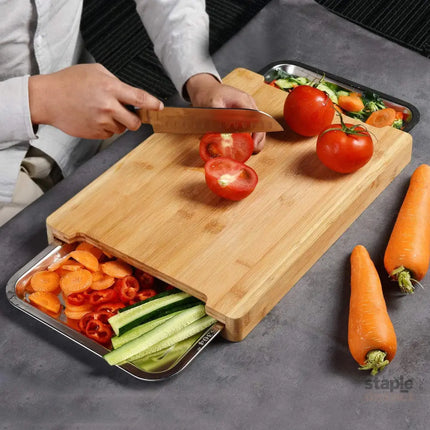 CARLA HOME Chopping Board with with 2 Organiser Stainless Steel Trays Containers-2042061546921791489