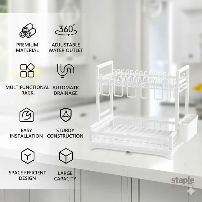 CARLA HOME Dish Drying Rack 2-Tier Kitchen Drainer with Drainboard (White)-2050057499847036930