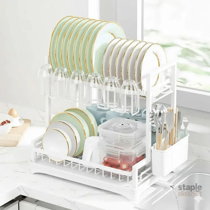 CARLA HOME Dish Drying Rack 2-Tier Kitchen Drainer with Drainboard (White)-2050057499847036928