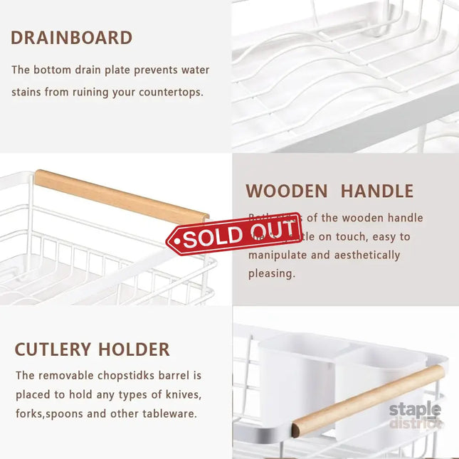 CARLA HOME Dish Drying Rack with Wooden Handles, Removable Cutlery Holder & Drainboard for Kitchen Countertop-2050057509250666498