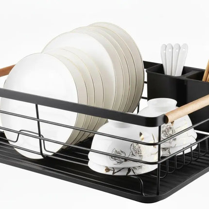 CARLA HOME Dish Drying Rack with Wooden Handles, Removable Cutlery Holder & Drainboard for Kitchen Countertop-2050057509401661440