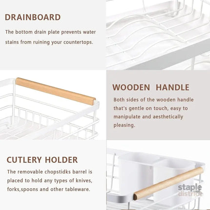 CARLA HOME Dish Drying Rack with Wooden Handles, Removable Cutlery Holder & Drainboard for Kitchen Countertop-2050057509250666498