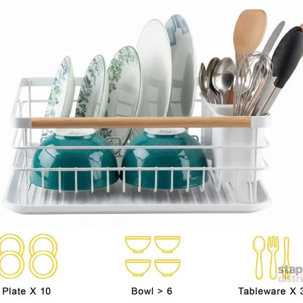 CARLA HOME Dish Drying Rack with Wooden Handles, Removable Cutlery Holder & Drainboard for Kitchen Countertop-2050057509250666500