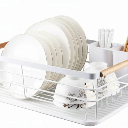 CARLA HOME Dish Drying Rack with Wooden Handles, Removable Cutlery Holder & Drainboard for Kitchen Countertop-2050057509250666496