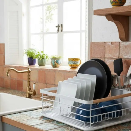 CARLA HOME Dish Drying Rack with Wooden Handles, Removable Cutlery Holder & Drainboard for Kitchen Countertop-2050057509250666497