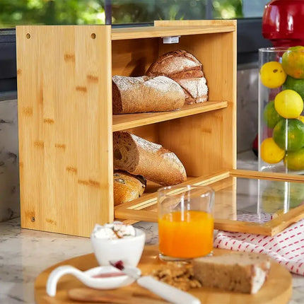 CARLA HOME Double Layer Bamboo Bread Box for Kitchen Counter with Large Capacity and Transparent Window-2042061566567911432