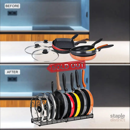 CARLA HOME Expandable Pot and Pan Organizer Rack for Cabinet with 10 Adjustable Dividers, Lid & Cookware Holder for Kitchen Pantry or Countertop Storage-2050057500530708484