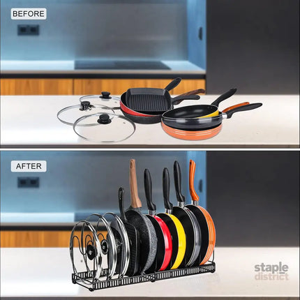 CARLA HOME Expandable Pot and Pan Organizer Rack for Cabinet with 10 Adjustable Dividers, Lid & Cookware Holder for Kitchen Pantry or Countertop Storage-2050057500530708484