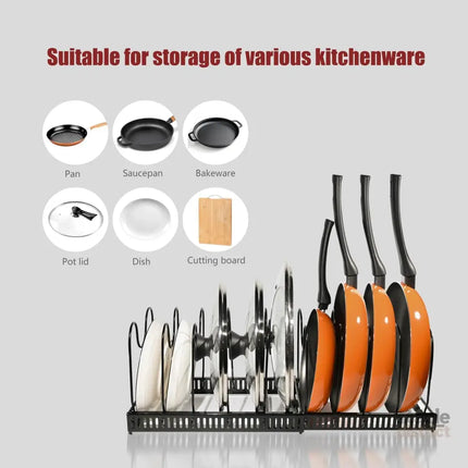 CARLA HOME Expandable Pot and Pan Organizer Rack for Cabinet with 10 Adjustable Dividers, Lid & Cookware Holder for Kitchen Pantry or Countertop Storage-2050057500530708485
