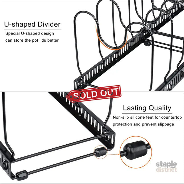 CARLA HOME Expandable Pot and Pan Organizer Rack for Cabinet with 10 Adjustable Dividers, Lid & Cookware Holder for Kitchen Pantry or Countertop Storage-2050057500530708482