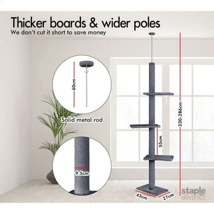CARLA HOME Floor to Ceiling Cat Tree Tower  with Adjustable Height 230-286cm for Indoor Cats (Grey)-2050057518977257474