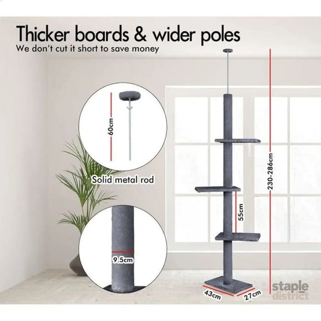 CARLA HOME Floor to Ceiling Cat Tree Tower  with Adjustable Height 230-286cm for Indoor Cats (Grey)-2050057518977257474