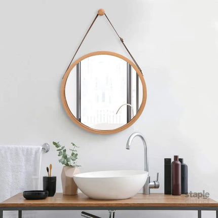 CARLA HOME Hanging Wall Mirror 45cm - Solid Bamboo Frame and Adjustable Leather Strap for Bathroom and Bedroom, Vanity Mirror, Makeup Mirror, Face Mirrors, Wall Shelf Mirror (Round 45 cm)-2042061561236951041