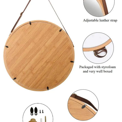 CARLA HOME Hanging Wall Mirror 45cm - Solid Bamboo Frame and Adjustable Leather Strap for Bathroom and Bedroom, Vanity Mirror, Makeup Mirror, Face Mirrors, Wall Shelf Mirror (Round 45 cm)-2042061561236951047