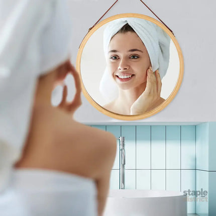 CARLA HOME Hanging Wall Mirror 45cm - Solid Bamboo Frame and Adjustable Leather Strap for Bathroom and Bedroom, Vanity Mirror, Makeup Mirror, Face Mirrors, Wall Shelf Mirror (Round 45 cm)-2042061561236951042