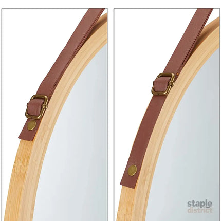CARLA HOME Hanging Wall Mirror 45cm - Solid Bamboo Frame and Adjustable Leather Strap for Bathroom and Bedroom, Vanity Mirror, Makeup Mirror, Face Mirrors, Wall Shelf Mirror (Round 45 cm)-2042061561236951043