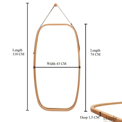 CARLA HOME Hanging Wall Mirror 74x43cm - Solid Bamboo Frame and Adjustable Leather Strap for Bathroom and Bedroom, Vanity Mirror, Makeup Mirror, Face Mirrors, Wall Shelf Mirror (Full Length)-2042061545151795209