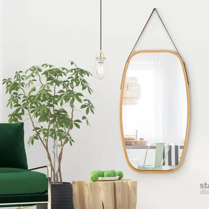 CARLA HOME Hanging Wall Mirror 74x43cm - Solid Bamboo Frame and Adjustable Leather Strap for Bathroom and Bedroom, Vanity Mirror, Makeup Mirror, Face Mirrors, Wall Shelf Mirror (Full Length)-2042061545151795203