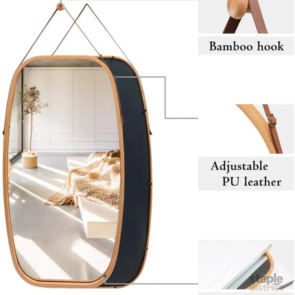 CARLA HOME Hanging Wall Mirror 74x43cm - Solid Bamboo Frame and Adjustable Leather Strap for Bathroom and Bedroom, Vanity Mirror, Makeup Mirror, Face Mirrors, Wall Shelf Mirror (Full Length)-2042061545151795205