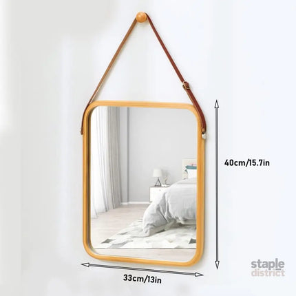 CARLA HOME Hanging Wall Mirror with Bamboo Frame with Adjustable Leather Strap for Bathroom, Bedroom, Vanity or Entryway (40x33 cm)-2050057505035390981
