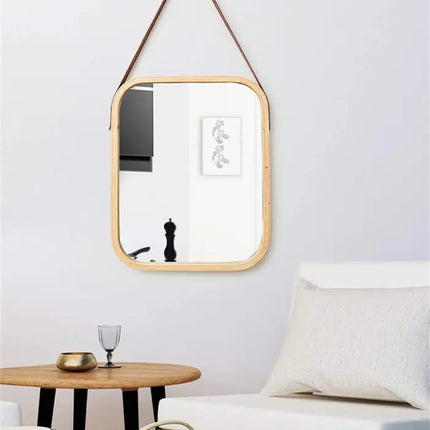 CARLA HOME Hanging Wall Mirror with Bamboo Frame with Adjustable Leather Strap for Bathroom, Bedroom, Vanity or Entryway (40x33 cm)-2050057505035390977