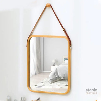 CARLA HOME Hanging Wall Mirror with Bamboo Frame with Adjustable Leather Strap for Bathroom, Bedroom, Vanity or Entryway (40x33 cm)-2050057505035390978