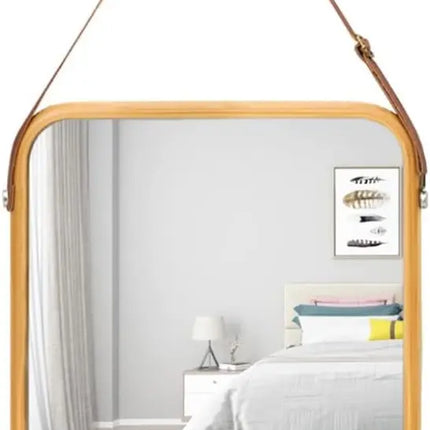 CARLA HOME Hanging Wall Mirror with Bamboo Frame with Adjustable Leather Strap for Bathroom, Bedroom, Vanity or Entryway (40x33 cm)-2050057505035390976