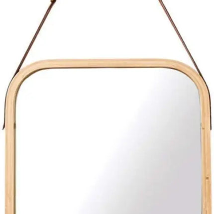 CARLA HOME Hanging Wall Mirror with Bamboo Frame with Adjustable Leather Strap for Bathroom, Bedroom, Vanity or Entryway (40x33 cm)-2050057505035390983