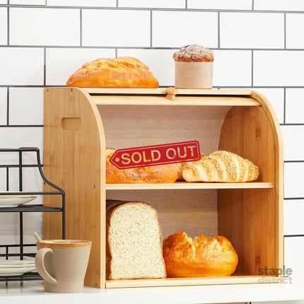 CARLA HOME Large Bamboo Bread Box Storage Organizer with Roll Top for Kitchen Counter-2042061558951055362