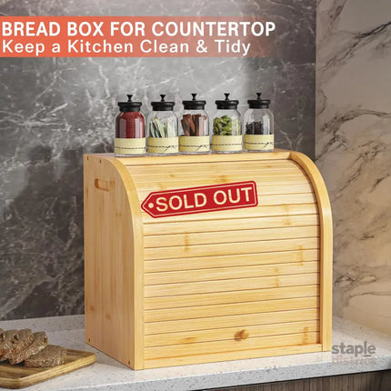 CARLA HOME Large Bamboo Bread Box Storage Organizer with Roll Top for Kitchen Counter-2042061558951055365