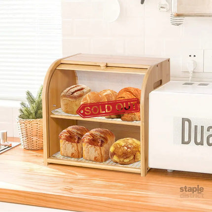 CARLA HOME Large Bamboo Bread Box Storage Organizer with Roll Top for Kitchen Counter-2042061558951055368