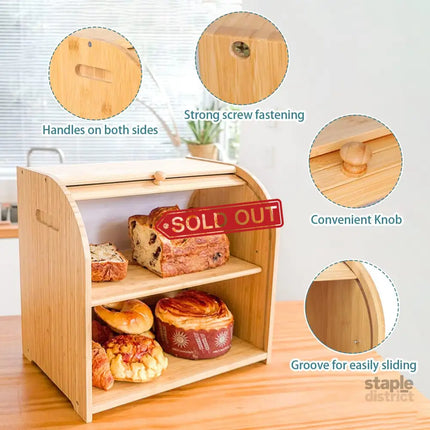 CARLA HOME Large Bamboo Bread Box Storage Organizer with Roll Top for Kitchen Counter-2042061558951055364