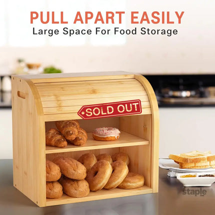 CARLA HOME Large Bamboo Bread Box Storage Organizer with Roll Top for Kitchen Counter-2042061558951055363