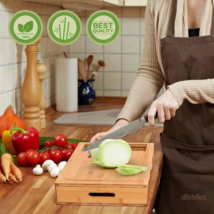 CARLA HOME Large Bamboo Cutting Board and 4 Containers with Mobile Holder gift included for Home Kitchen-2042061549920718856