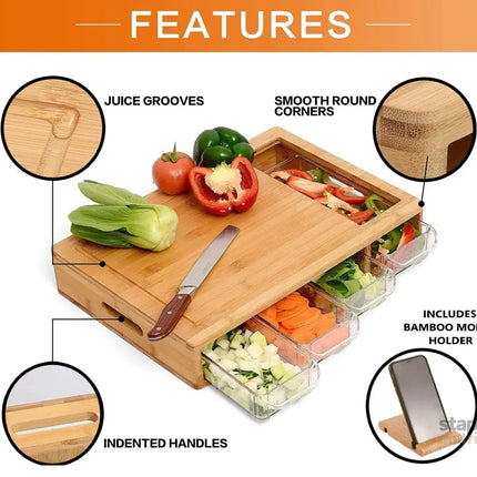 CARLA HOME Large Bamboo Cutting Board and 4 Containers with Mobile Holder gift included for Home Kitchen-2042061549920718849