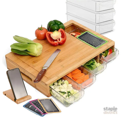 CARLA HOME Large Bamboo Cutting Board and 4 Containers with Mobile Holder gift included for Home Kitchen-2042061549920718848