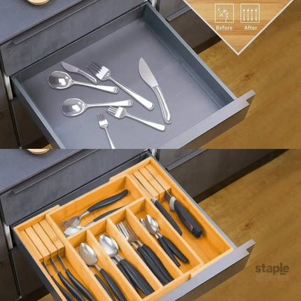 CARLA HOME Large Capacity Bamboo Expandable Drawer Organizer with Knife Block Holder for Home Kitchen Utensils-2042061560284844034