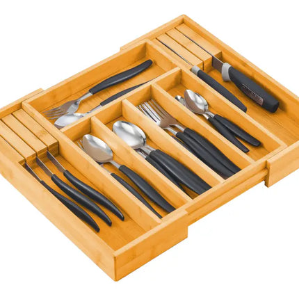 CARLA HOME Large Capacity Bamboo Expandable Drawer Organizer with Knife Block Holder for Home Kitchen Utensils-2042061560284844032