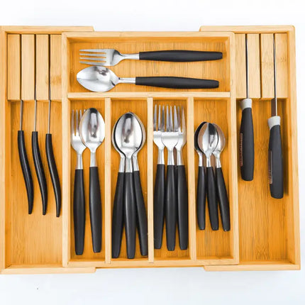 CARLA HOME Large Capacity Bamboo Expandable Drawer Organizer with Knife Block Holder for Home Kitchen Utensils-2042061560284844035