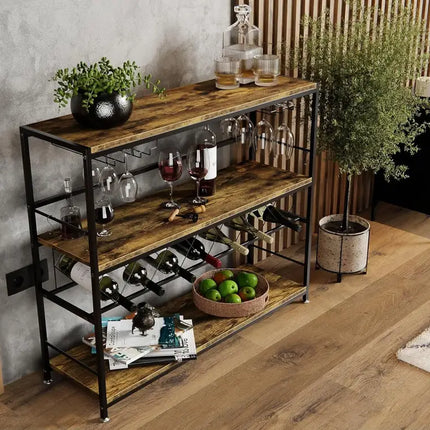 CARLA HOME Large Wine Rack with Glass Holder, Metal Designed Bottle Holder and Wood Countertop for Wine & Champagne-2050057501549924353