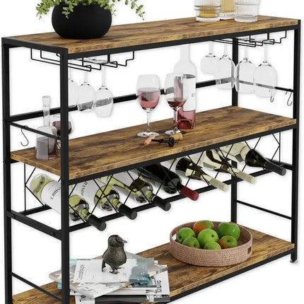 CARLA HOME Large Wine Rack with Glass Holder, Metal Designed Bottle Holder and Wood Countertop for Wine & Champagne-2050057501549924352